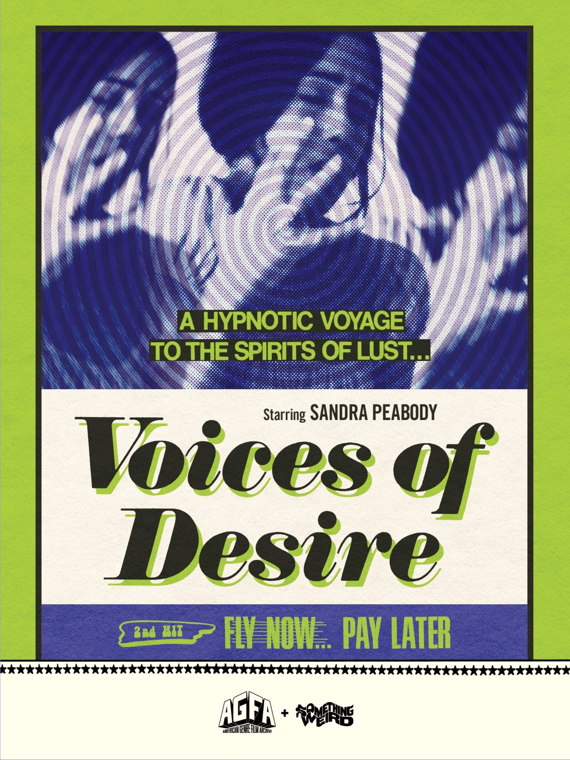 Vintage-style poster with text and abstract design, featuring the title 'Voices of Desire' and a stylized face.